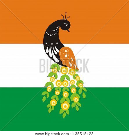 Fabulous bird of Paradise peacock on the background of the flag. The symbol of India. Vector illustration. Vector peacock