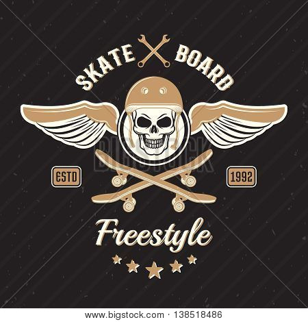 Skateboarding colored print with scull in helmet and wings on each side on black background vector illustration