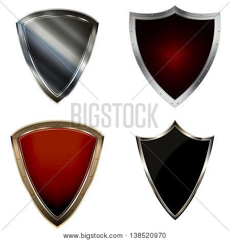 Madieval shield with riveted border. Isolated on white background.