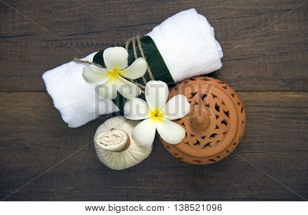 Spa massage compress balls, herbal ball on the wooden with treaments spa , Thailand, select focus