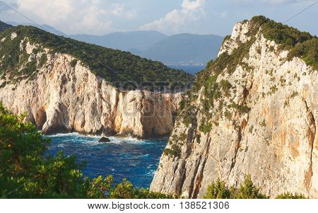 Beautiful cliffs at wild west coast of Lefkada and its southest part Cape Lefkatas, Doukato, Greece