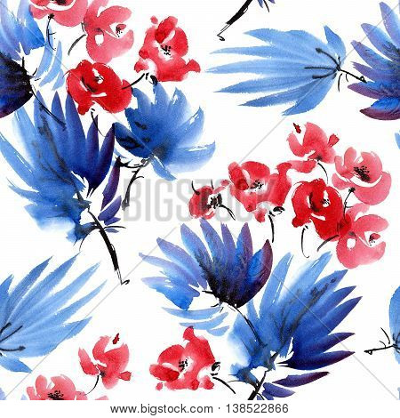 Red flowers and dark blue leaves. Watercolor and ink painting in style gohua sumi-e u-sin. Oriental traditional painting. Seamless pattern.