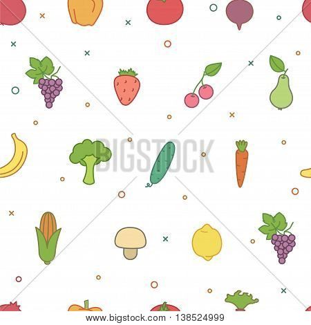 Vector seamless pattern with colorful fruits and vegetables.