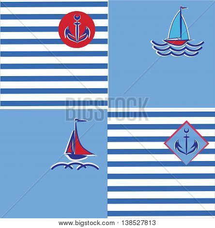 Sea icon.Anchor and sailboats on a blue and on striped background.