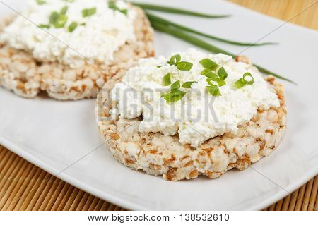 crisp breads with cottage cheese and onion choppes in rings on the white plate on the bamboo napkin