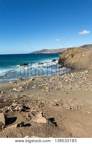Rock coast near La Pared village on the south western part of Fuerteventura . Canary Islands Spain