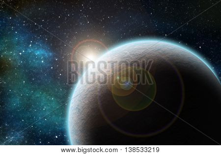 Illustration of exoplanet in front of a star.