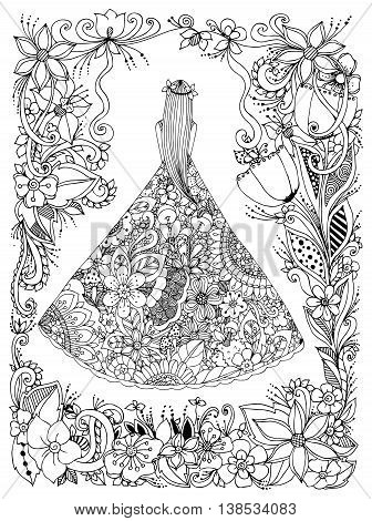Vector illustration Zen Tangle girl in a floral dress. Doodle flowers, tree. Coloring book antis stress for adults. Black and white.