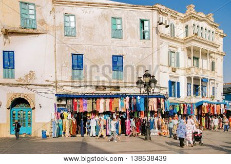 TUNIS TUNISIA - August 29 2007. Street life in Tunis. Square in Medina old historical center of city.