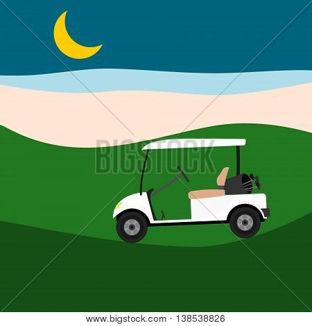 White empty golf cart on golf course at night. Vector illustration.