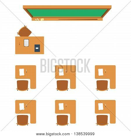 School classroom with a blackboard and desks, no teachers and students. Flat vector illustration isolated on white background top View