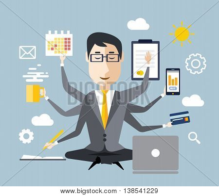Businessman with multitasking and multi skill. Keep calm. Business concept. Flat design