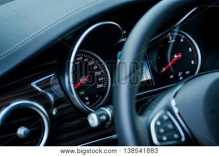 Luxury Car Interior Details. Speedometer, Steering Wheell