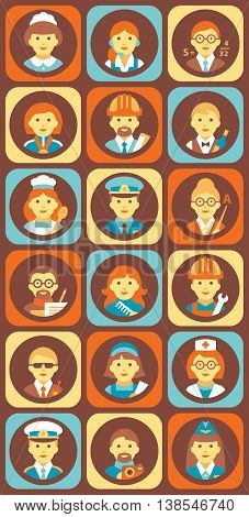 Set of colorful profession people flat style icons in circles with illustration