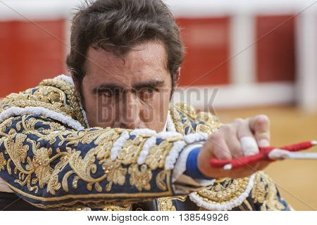 Pozoblanco Spain - September 23 2011: The Spanish Bullfighter David Fandila El Fandi preparing to enter to kill the bull in the Bullring of Pozoblanco Spain