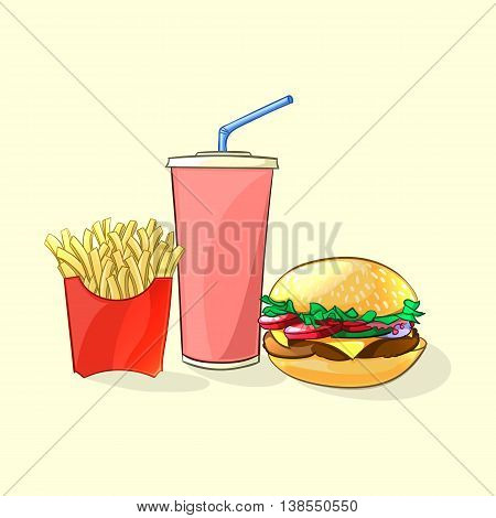Fast food meal in cartoon style. Beverage cup with burger and french fries Vector illustration
