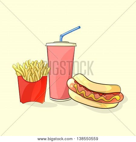 Fast food meal in cartoon style. Beverage cup with french fries and hot dog. Vector illustration