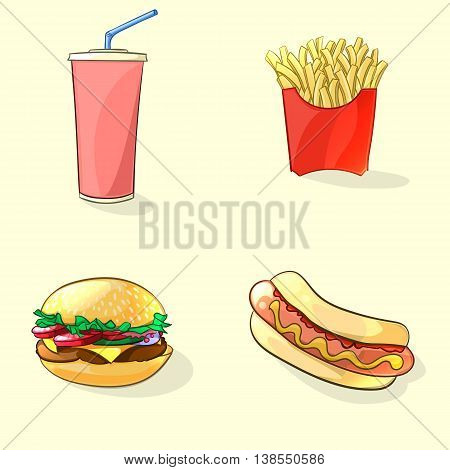 Fast food illustration in cartoon style. Hot dog beverage cup burger and French fries. Vector