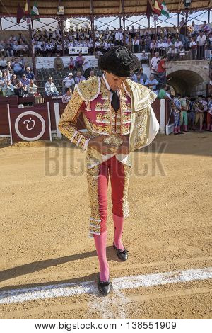 Ubeda Spain - September 29 2010: The spanish bullfighter Curro Diaz at the paseillo or initial parade during a bullfight in the Bullring of Ubeda Spain