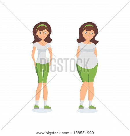 Girl with fat forms abdomen and athletic girl. Vector colorful illustration in flat style.