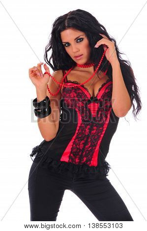 Sexy woman in corset and red beads