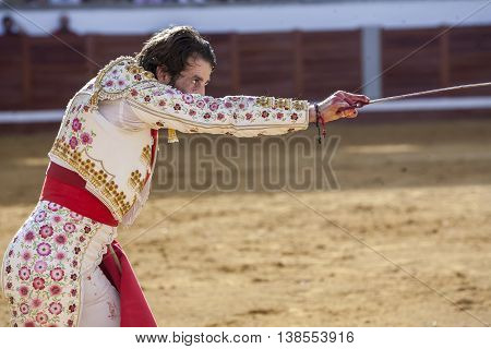 Pozoblanco Spain - September 24 2010: The Spanish Bullfighter Juan Jose Padilla preparing to enter to kill the bull in the Bullring of Pozoblanco Spain