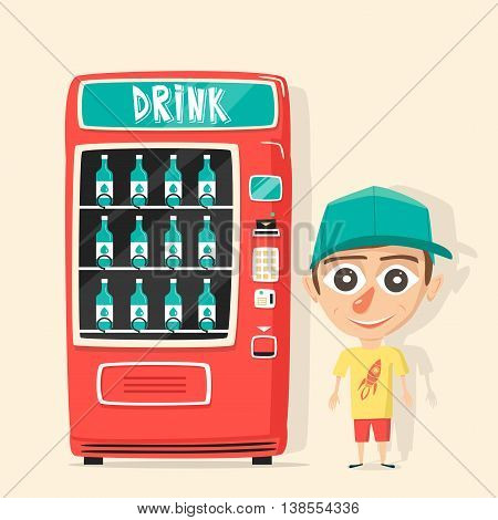 Vintage vending machine with drinks. Retro cartoon style. Vector illustration. Isolated background. Purchase of clean water. Drinking water