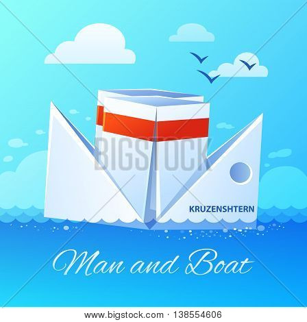 Origami folded white paper boat floating in blue ocean water waves against clouded sky background poster vector illustration