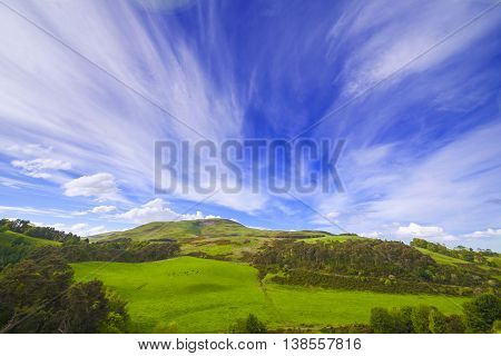 Landscape Scenery Of Green Valley With Trees, Hill And Cloudy Blue Sky
