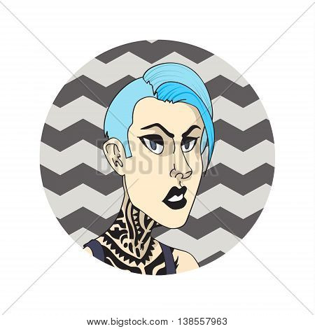 Illustration tattooed girl with blue hairstyle in circle