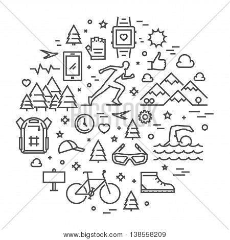 Line round concept for triathlon. Vector linear prints on T-shirts for triathlon. Open path.