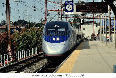 Wilmington Delaware - October 20 2015: AMTRAK's Acela Train #2160 arriving on Track 2 at the Wilmington Train Station