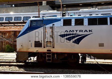 Washington DC - April 17 2016: Amtrak diesel locomotive on a side track at Union Station