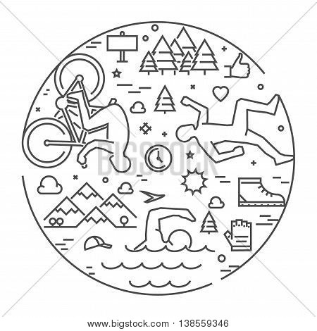Linear concept for triathlon. Vector line round banner triathlon for web. Open path.