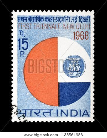 INDIA - CIRCA 1968 : Cancelled postage stamp, printed by India, that promotes First Triennale Art Exhibition in New Delhi.