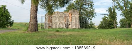 Big panorama of old ruins of old castle in Svirzh, Ukraine