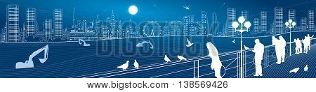 City life amazing panorama. Urban skyline, people watching from the bridge to the night town, infrastructure illustration, vector design art