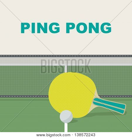 Ping pong or table tennis. Racket ball, ping - pong table and a grid. Vector illustration.