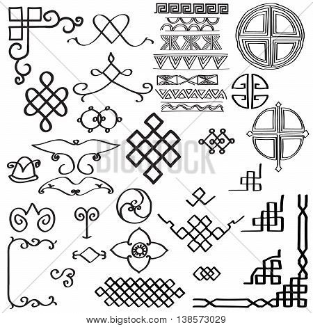 The set of elements of the Central Asian ethnic ornaments.