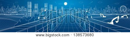Amazing infrastructure panorama city, trains travel over bridges, industrial and transportation illustration, night town, airplane flying, building scene, vector design art