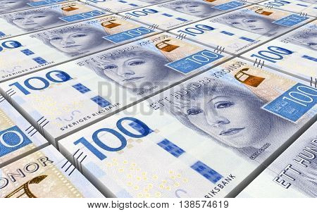 Swedish kronor bills stacks background. 3D illustration.
