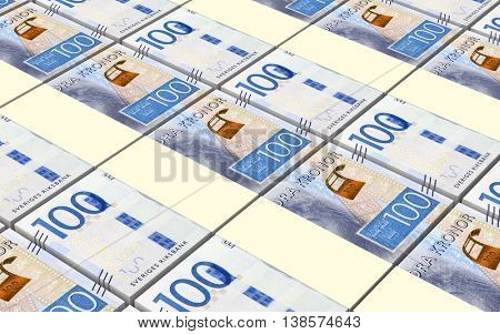 Swedish kronor bills stacks background. 3D illustration.