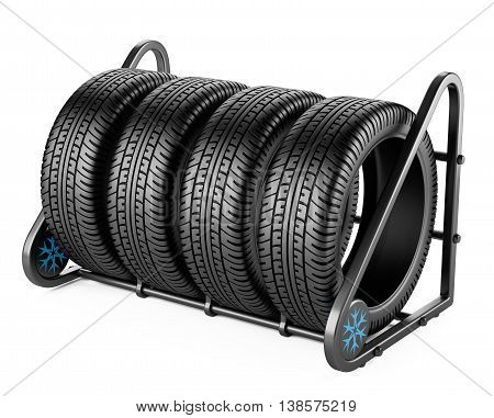 Winter tires set for sale at a tire store. 3d image isolated on a white background.