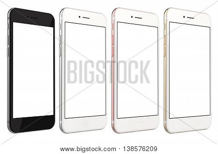 Set of four smartphones gold, rose, silver and black with blank screen, isolated on white background. Real camera, high resolution, 3d rendering.