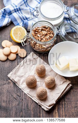 Traditional Bee Nest Cake On Wooden Background