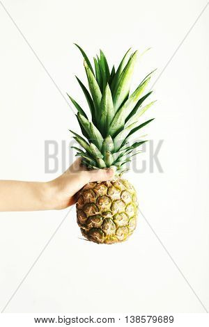 Female hand holding ripe pineapple on a white background
