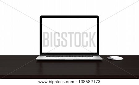 Laptop with blank screen on table,a rectangular screen for inserting images, whole in focus. 3D rendering.