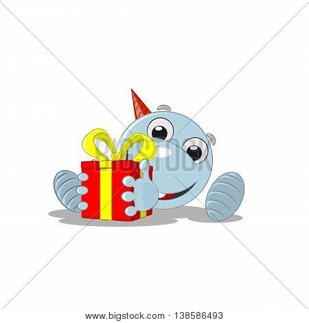 blue smiley with a gift for his birthday on white background