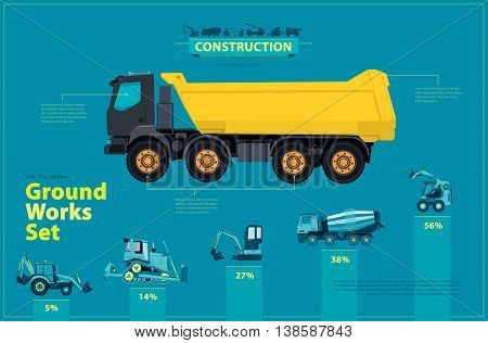 Blue infographic big set of ground works blue machines vehicles. Catalog page. Heavy construction equipment for building truck digger crane bagger mix roller excavator transportation master vector.