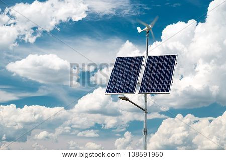 Ecological street lamp with photovoltaic panels and wind turbine